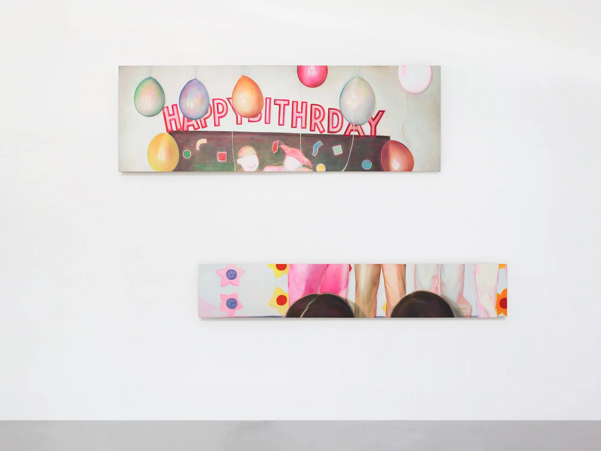 Art exhibition featuring colorful paintings with a birthday celebration theme, including balloons and a banner that reads 'Happy Birthday'.