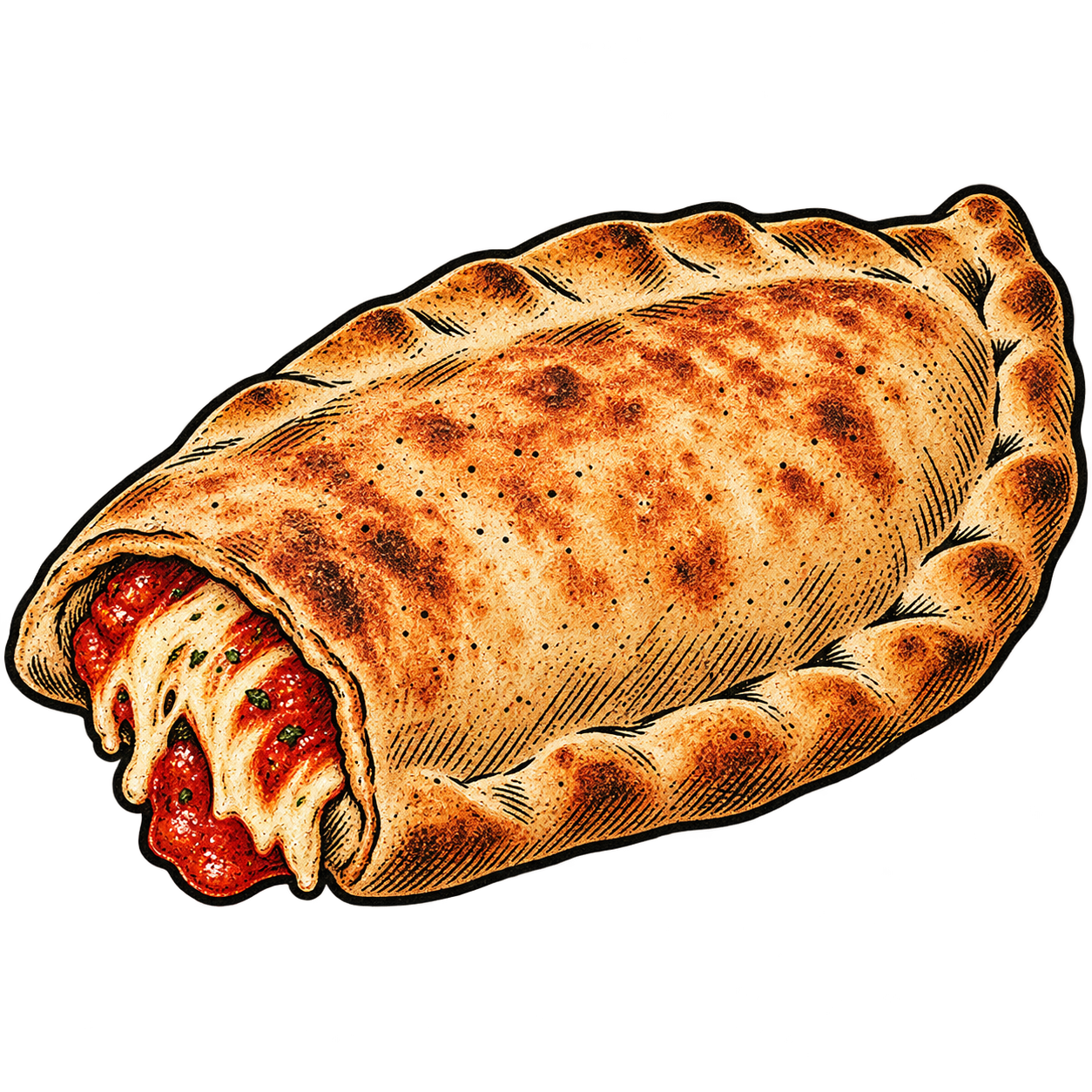 Illustration of a baked calzone pizza with cheese and tomato filling