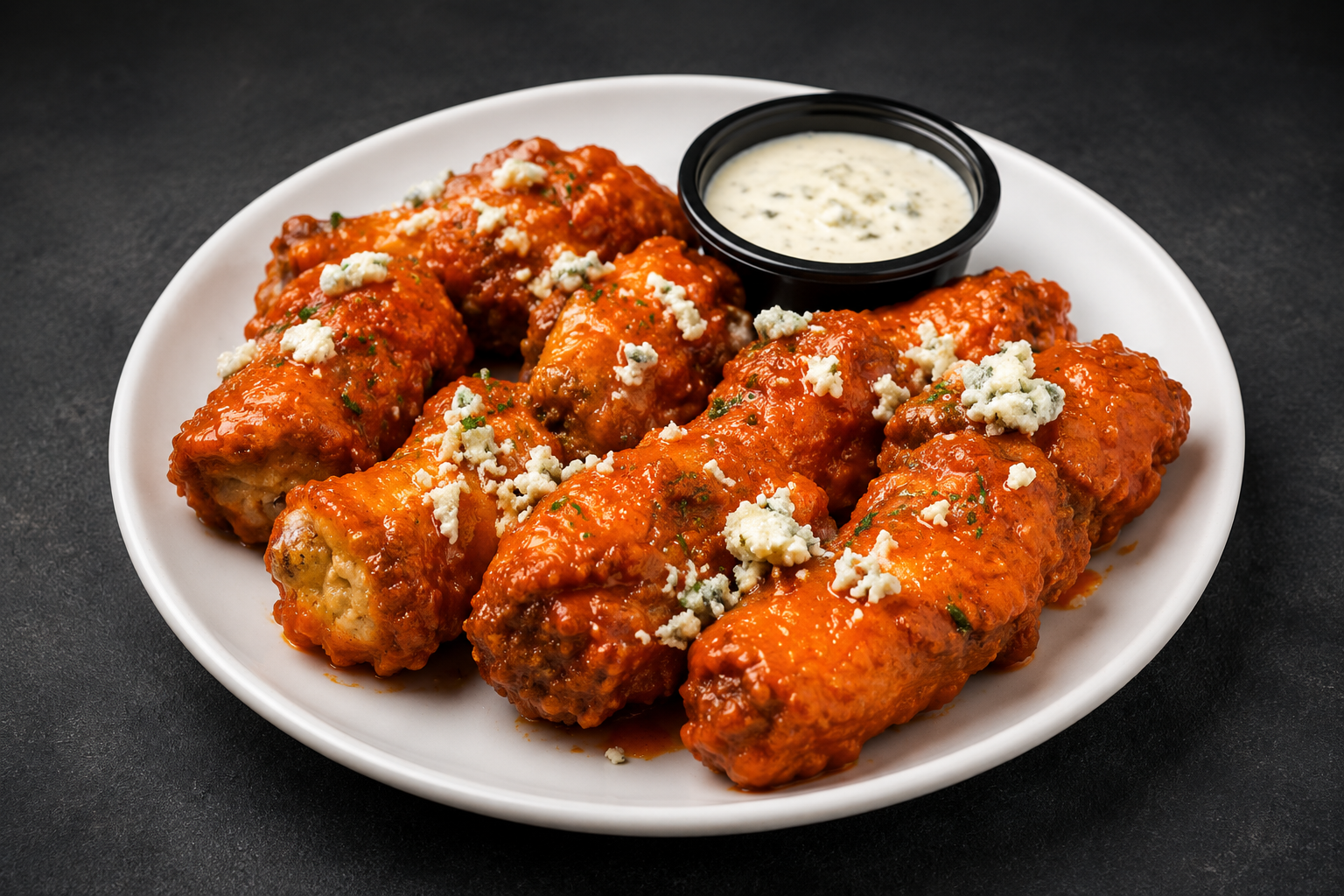 Plate of buffalo chicken wings topped with blue cheese crumbles and parsley, served with a side of ranch dressing