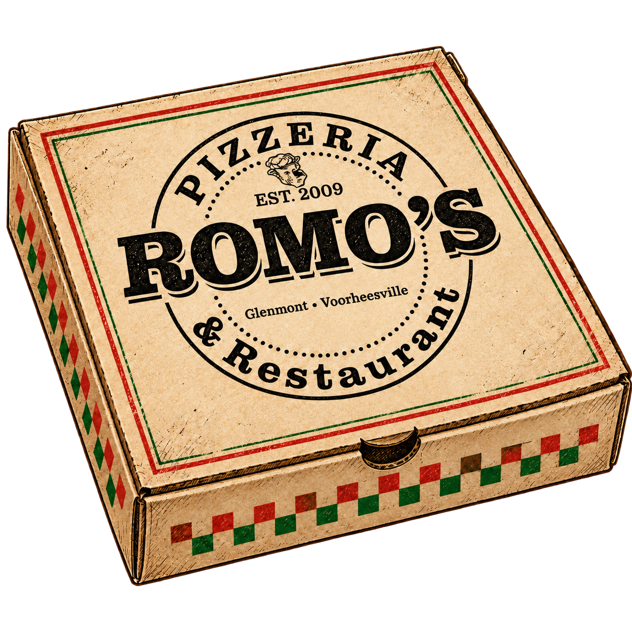 pizza box from Romo's Pizzeria & Restaurant, established 2009, located in Glenmont and Voorheesville.