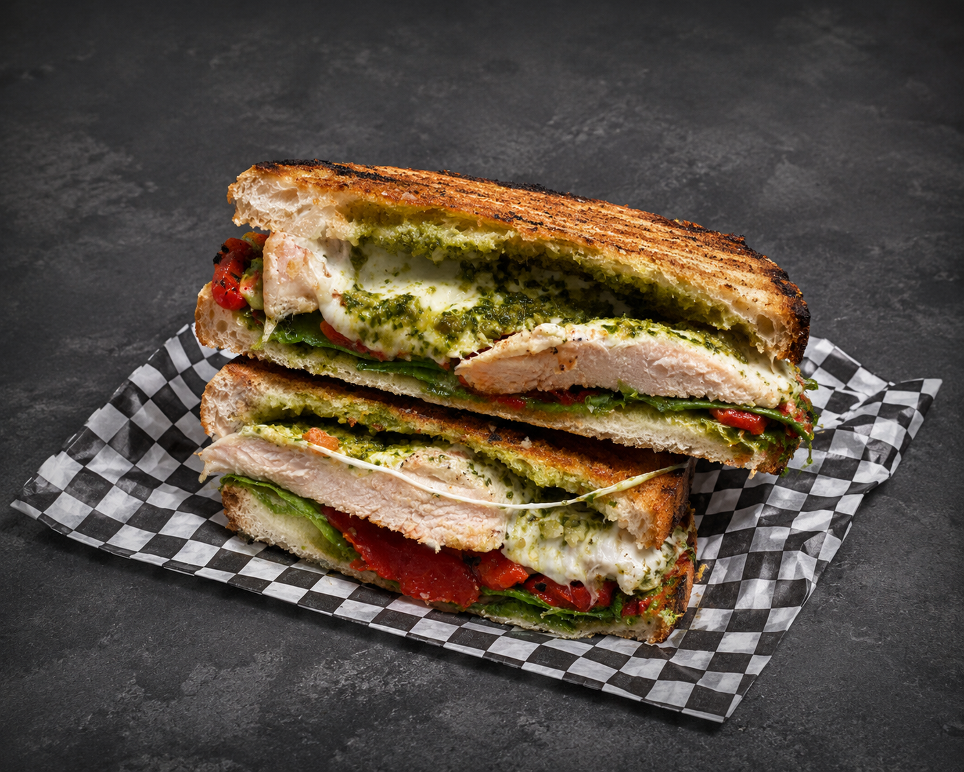 Two halves of a grilled sandwich filled with chicken, eggs, pesto, lettuce, tomato, and bacon on checkered paper.