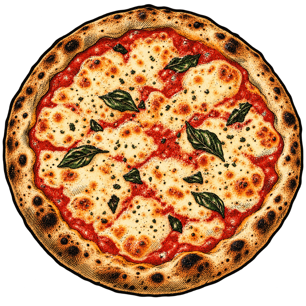 A classic Margherita pizza with cheese, tomato sauce, fresh basil, and a burnt crust.