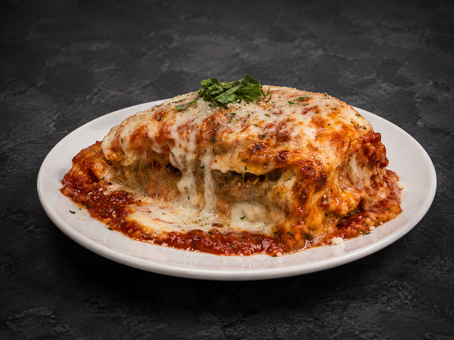A plate of baked lasagna topped with melted cheese, tomato sauce, and chopped fresh herbs, garnished with a sprig of basil on top, on a dark surface.