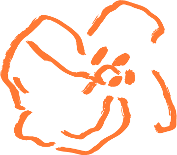 Close-up of a hand drawing a flower with orange lines on black background.