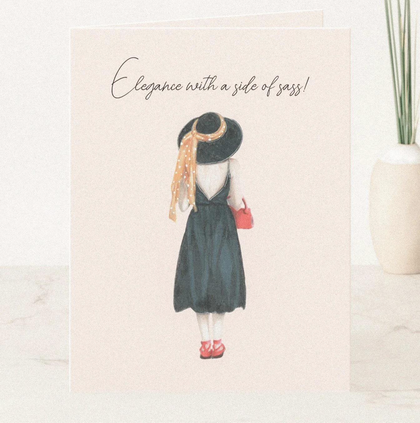 Artlen Studio fashion art print featuring an illustrated woman in a black dress with the phrase “Elegance with a side of sass.”