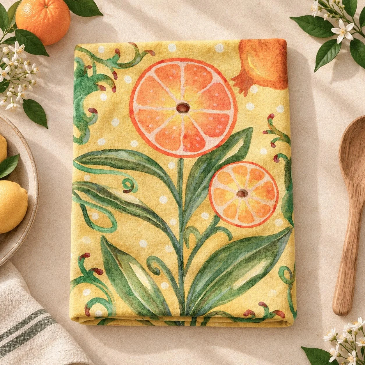 Artlen Studio illustrated tea towel featuring oranges, green leaves and botanical artwork on a warm yellow background.
