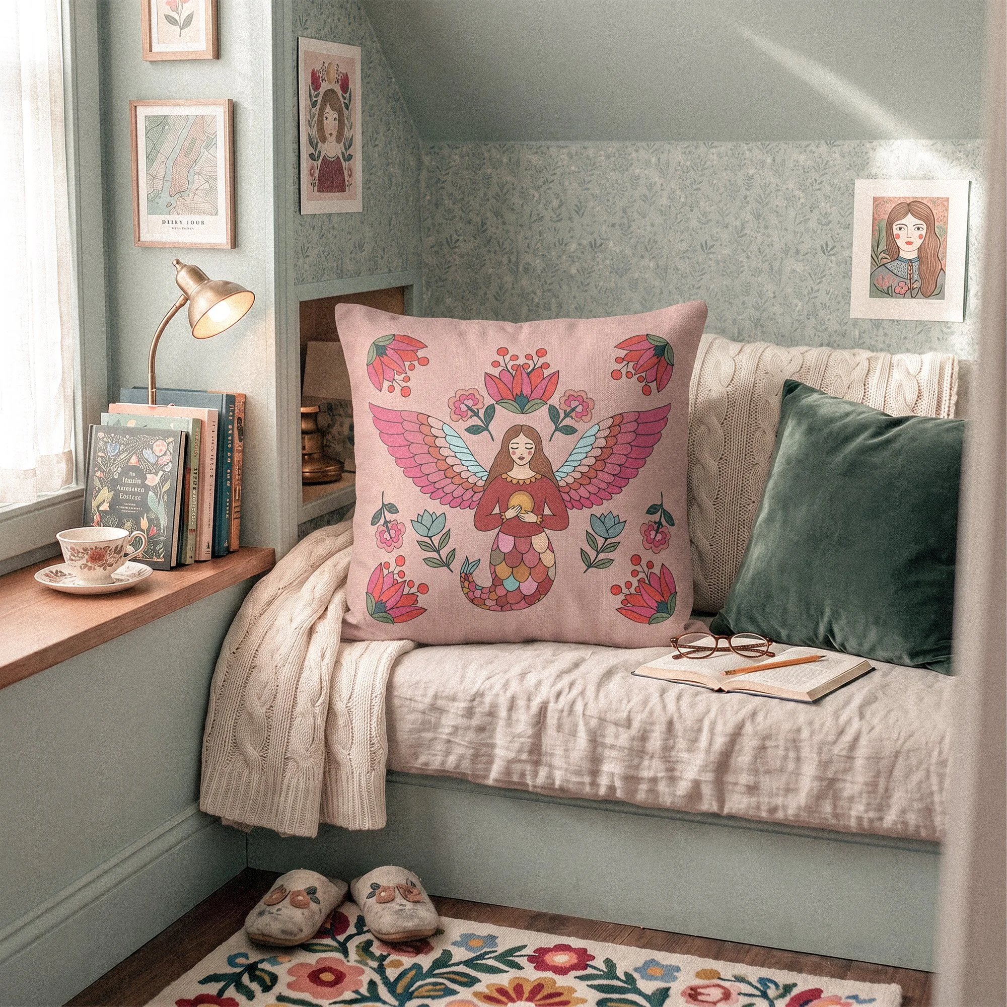 Artlen Studio pink decorative pillow featuring an original fairy and floral illustration in a cozy bedroom.