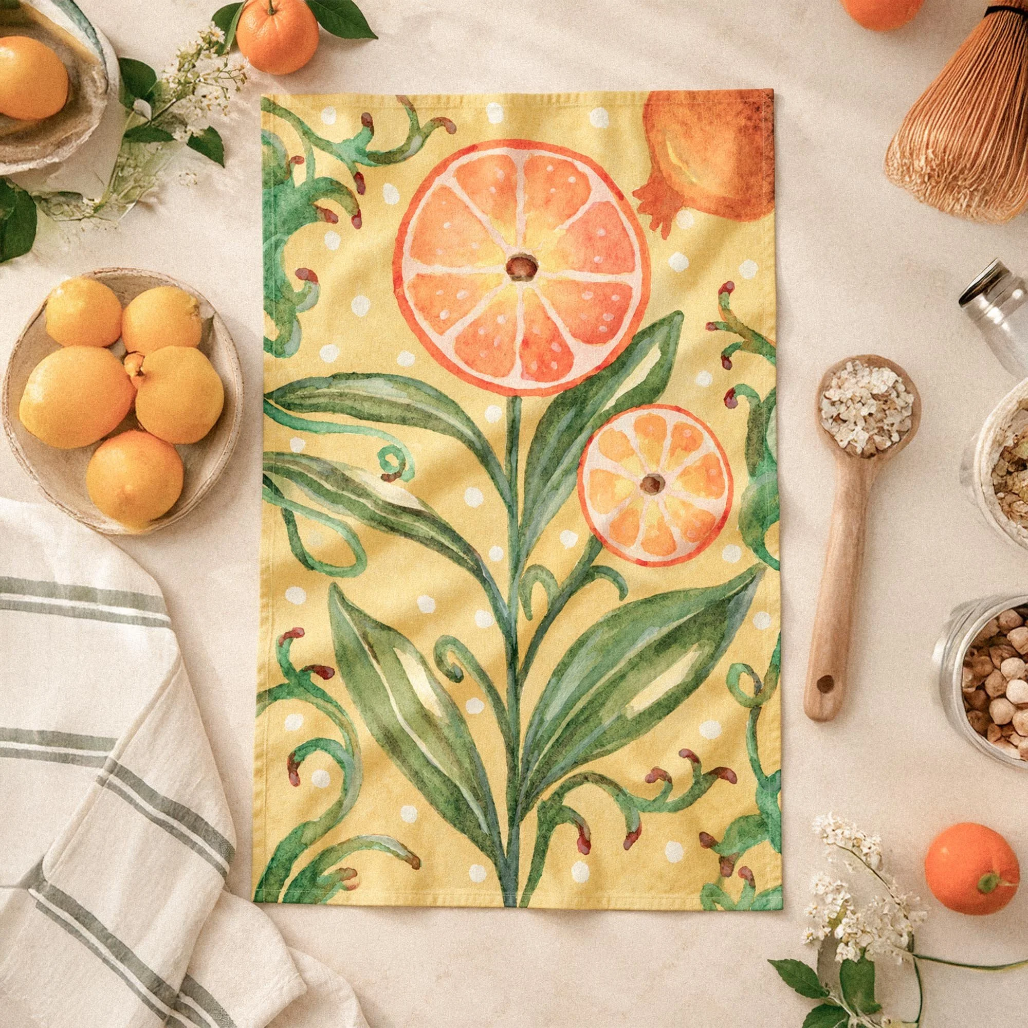 Orange Flower - Organic fabric tea towel - Set of 2