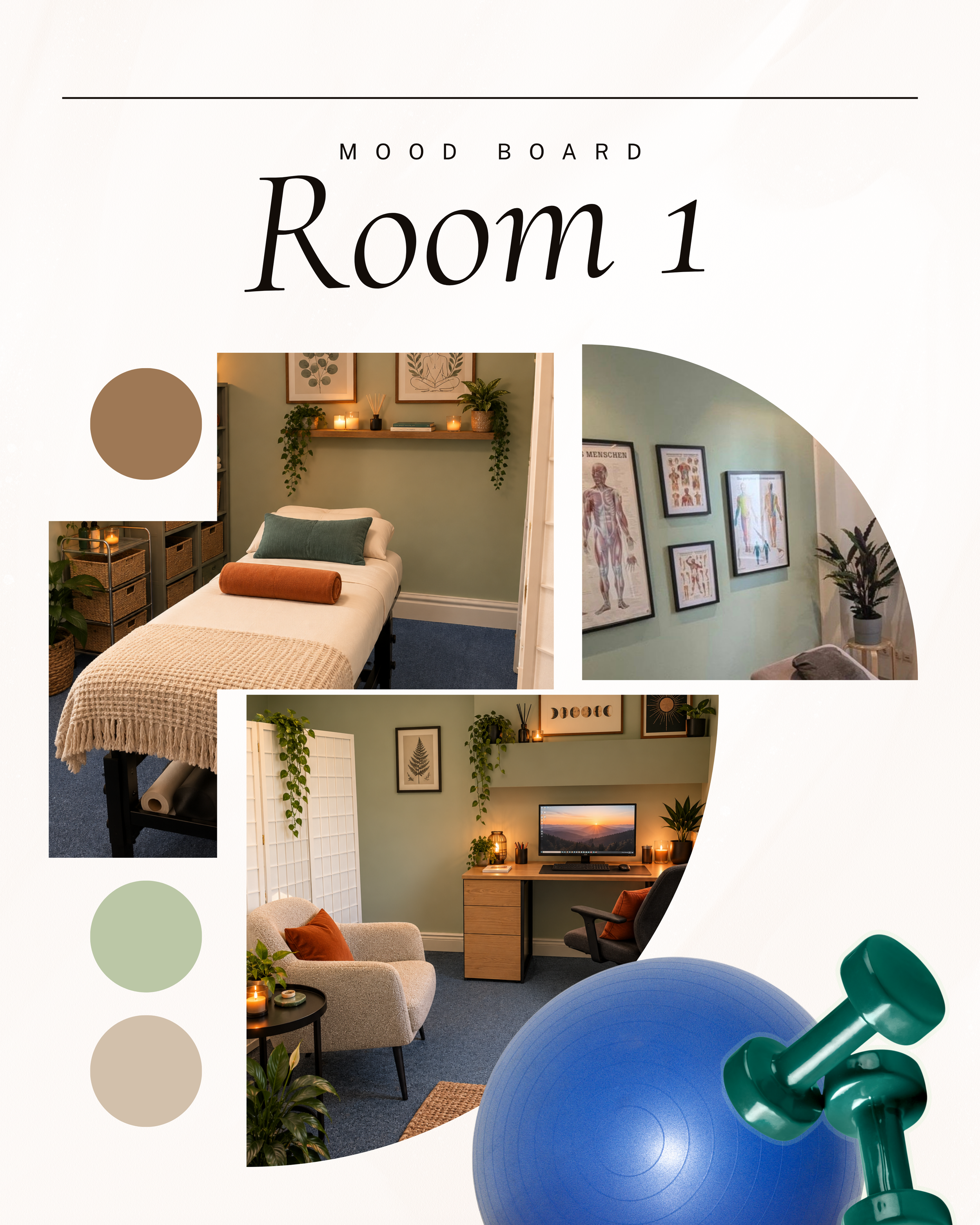 A mood board titled 'Room 1' featuring images of a cozy, organized therapy or wellness room with plants, candles, framed art, and a desk area with a computer, along with colour swatches and fitness equipment like a yoga ball and dumbbells.