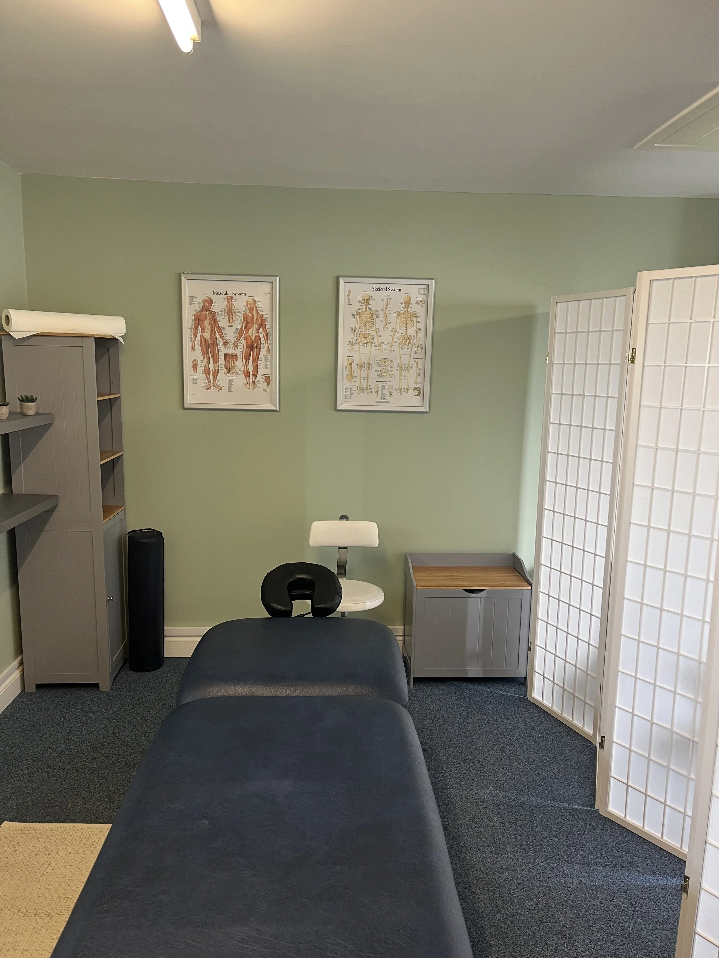Massage therapy room with a black treatment table, anatomy posters, storage cabinets, and frosted folding privacy screens.