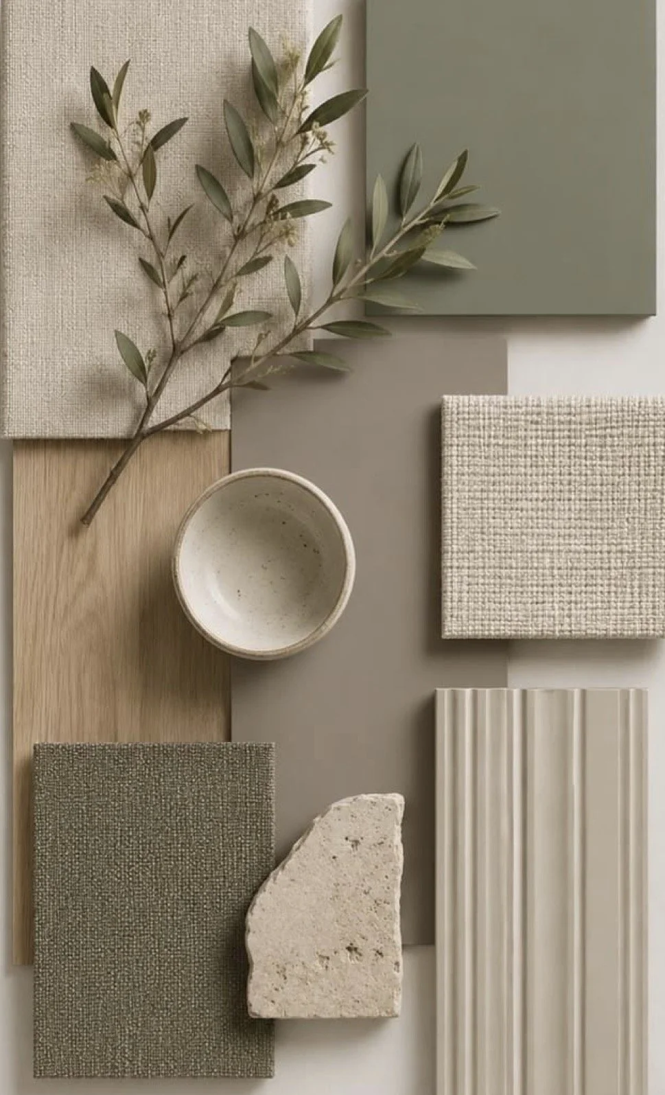 Arrangement of neutral-colored interior design samples including fabric swatches, a ceramic cup, a branch with leaves, and textured surfaces.