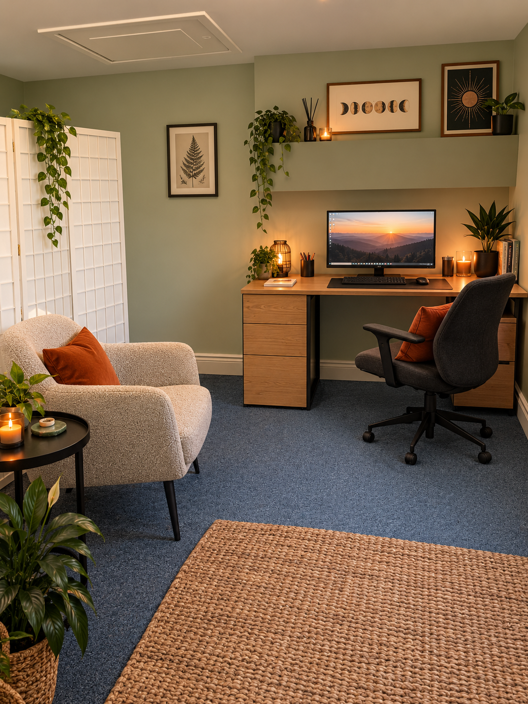 A cozy home office with a sitting area. There is a beige armchair with an orange pillow, a small black side table with candles and a potted plant, and a desk with a computer monitor showing a sunset landscape. The desk has candles, a potted plant, and office supplies. The wall behind has framed botanical and celestial art, and there are several potted plants and a decorative screen in the room.