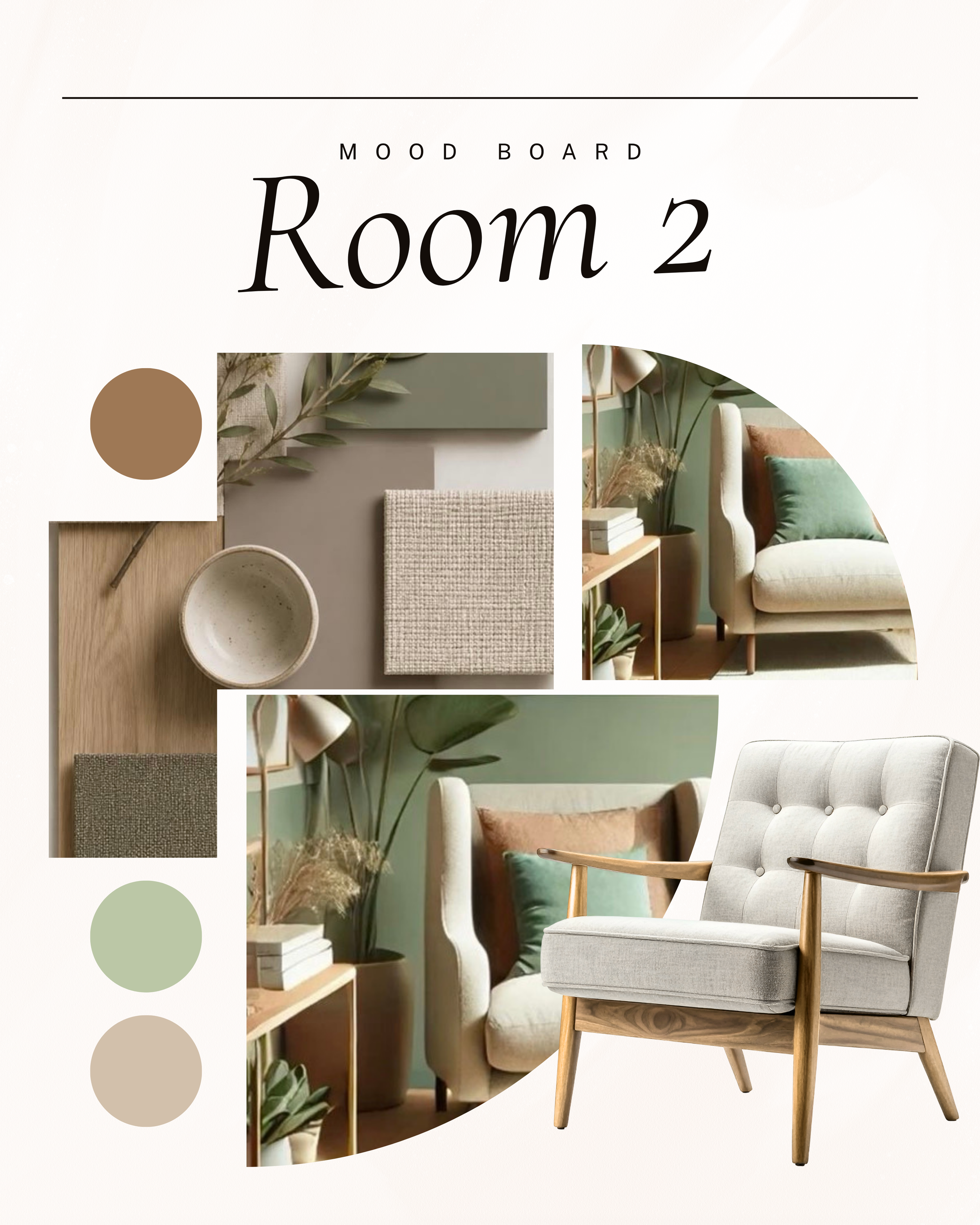 A modern living room with a beige armchair with wooden legs and armrests, green and brown cushions, a small white side table, green plants, and a wall with various decorative items and textures.