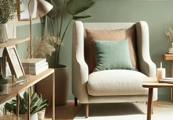 Living room corner with an upholstered armchair, green and brown cushions, a side table, a candle, and houseplants.