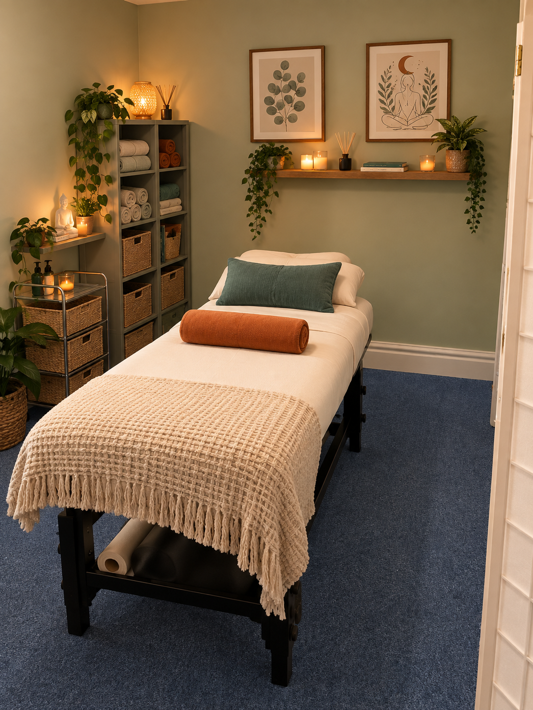 A massage therapy room with a massage table covered with a beige woven blanket and pillows, surrounded by plants, candles, artwork, and soft lighting.