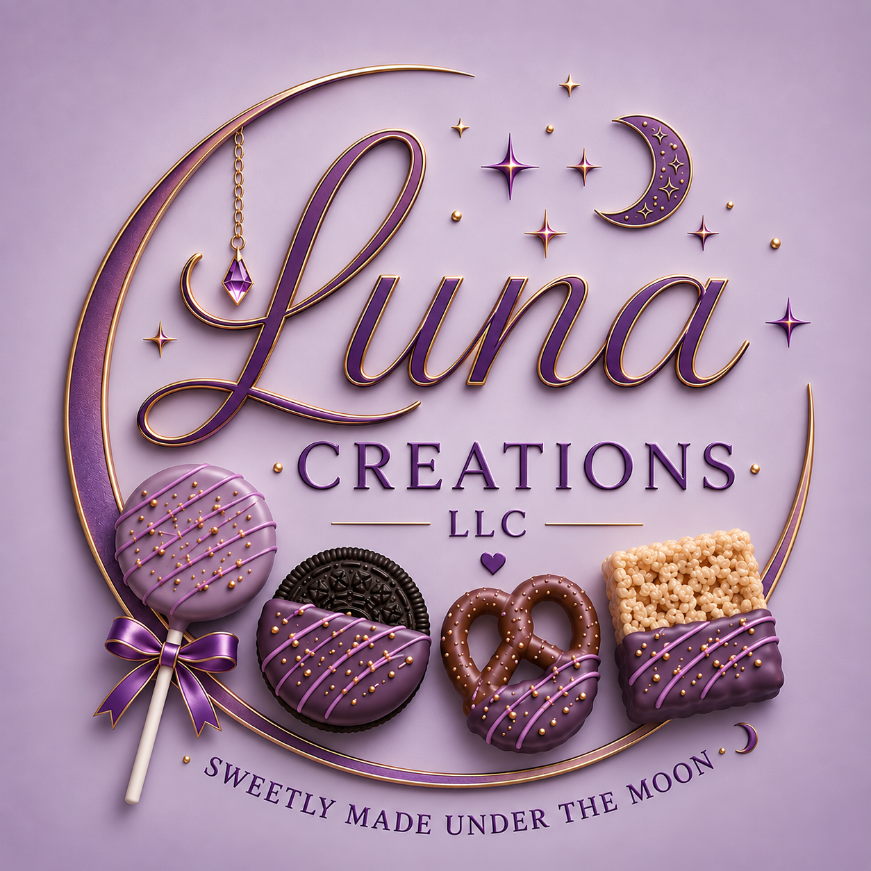 Luna Creations LLC logo featuring a crescent moon, stars and handcrafted chocolate-dipped treats in lavender and gold, with a tagline "Sweetly Made Under the Moon."