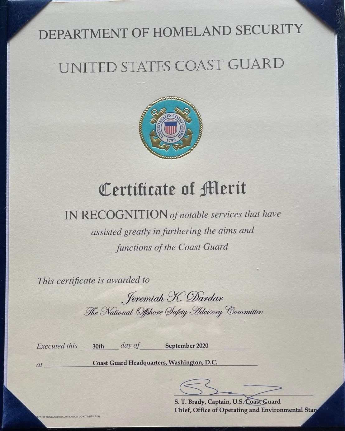Certificate of Merit awarded to Jeremiah K. Dardar by the U.S. Coast Guard, issued by the Department of Homeland Security, recognizing notable services in furthering the Coast Guard's aims and functions, signed by S. T. Brady.