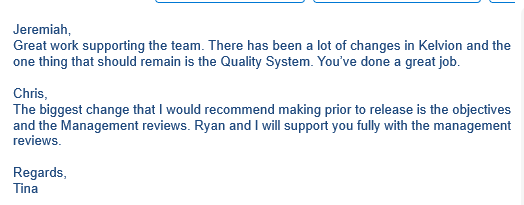 Kelvon's corporate Quality Director thanking AIMS for work over the years.