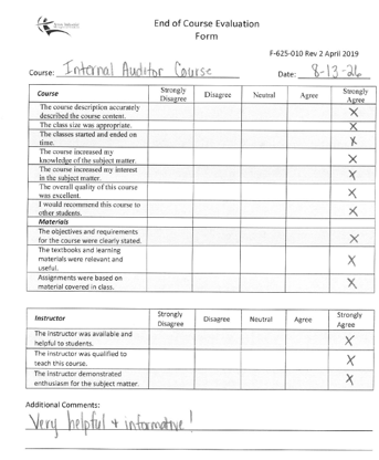 End of Course Evaluation Form for Internal Auditing Course with ratings for course content, materials, and instructor, and additional comments  'Very helpful & informative!'