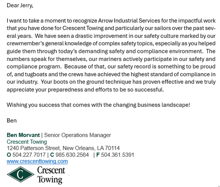 A professional letter of appreciation from Crescent Towing to Jerry, praising his safety expertise and leadership, signed by Ben Morvant, Senior Operations Manager, Crescent Towing.