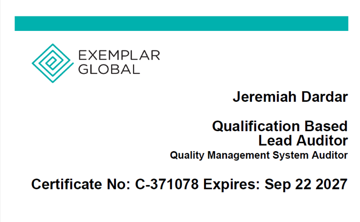 Lead Auditor certification for Jeremiah Dardar, Exemplar Global, with certification number C-371078, expiring September 22, 2027.
