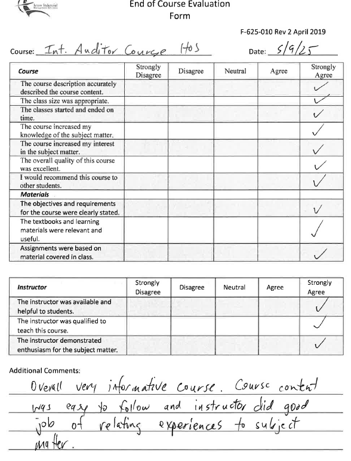 End of Course Evaluation Form for an instructor course, dated 5/6/2019. The form has checkmarks in the agreement columns, and handwritten comments praising the course content and instructor.