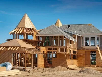 Under construction wooden house with multiple roof sections and towers, set against a clear blue sky.
