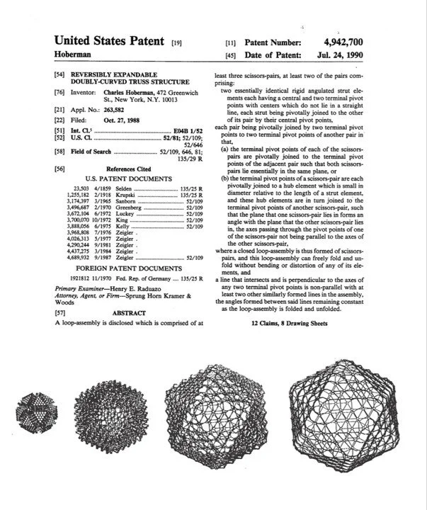 Patent and.drawing of a reclosable expandable double-curved truss structure with three 3D wireframe models of the structure, showing different perspectives.