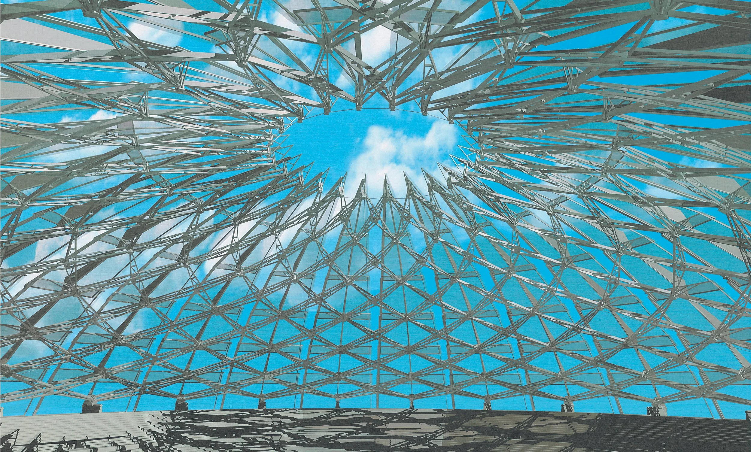 Looking up at a modern architectural structure with a geometric steel framework and a circular opening in the ceiling, showing blue sky and clouds through the opening.
