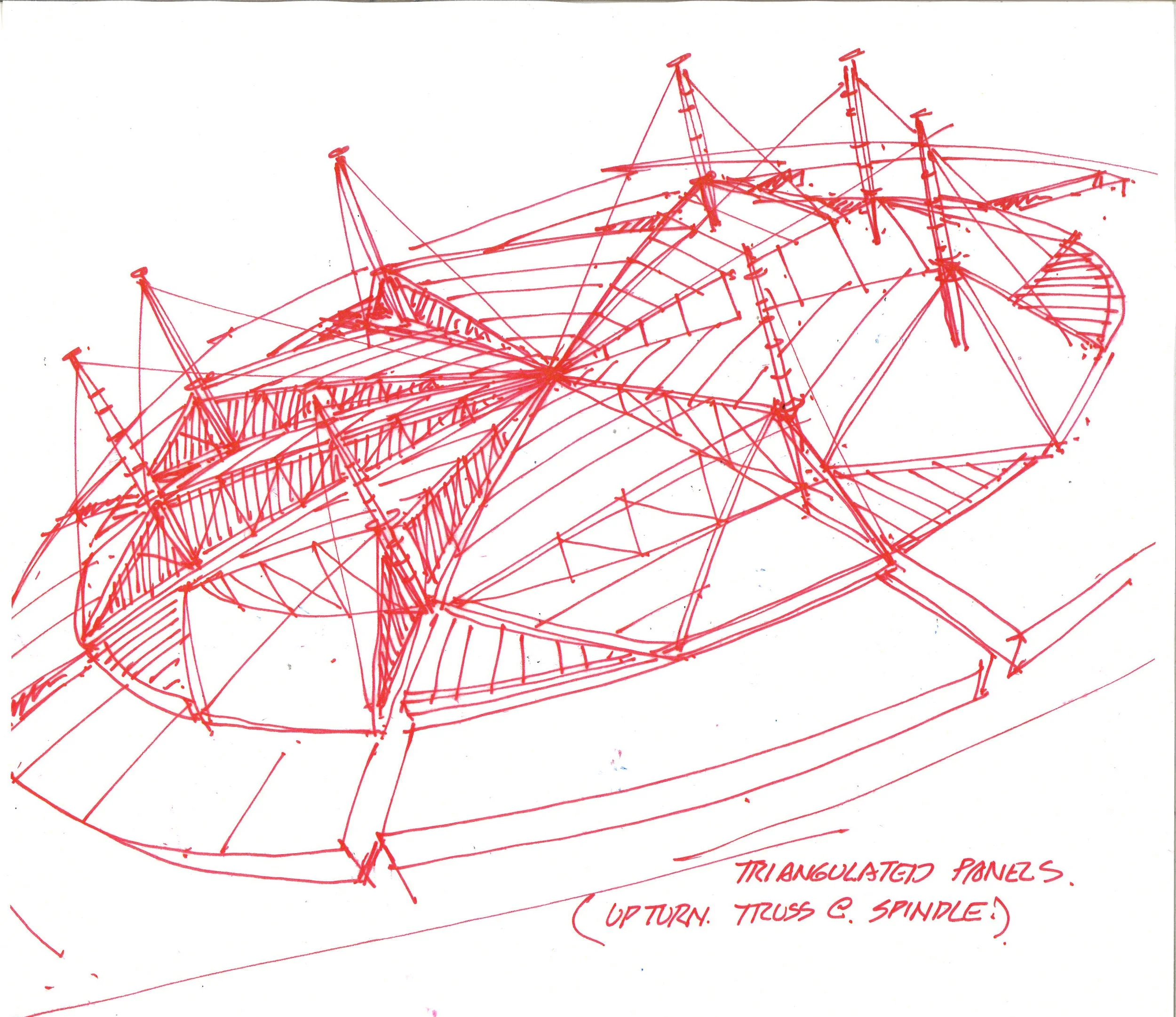 Hand-drawn red outline diagram of a triangle truss structure with labeled components and notes about panels, trusses, and assembly instructions.