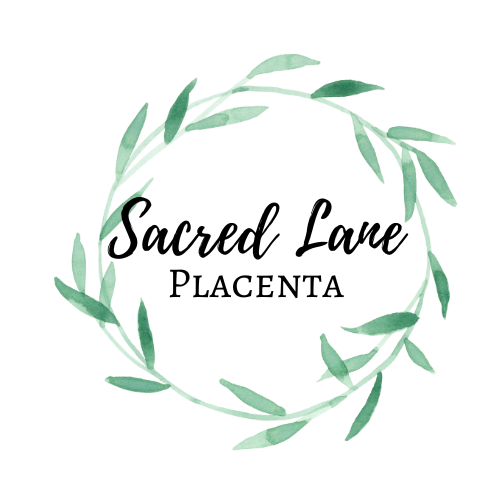 A digital graphic with the words 'Sacred Lane Placenta' in black text, surrounded by a laurel wreath design.