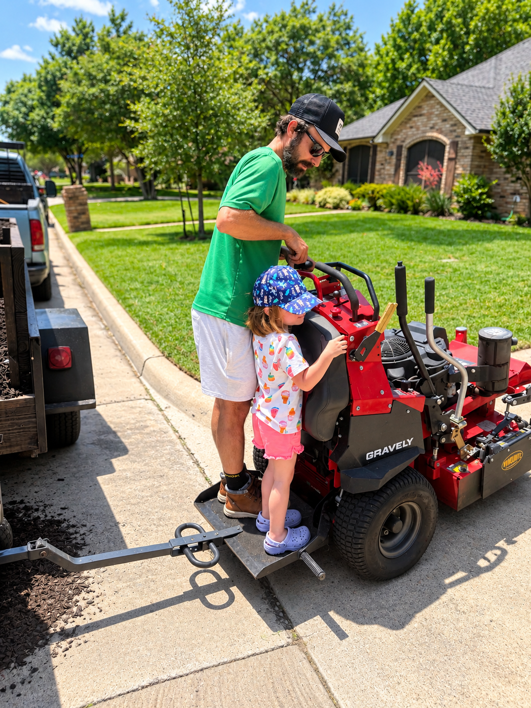 A man and young girl operating a red Gravely riding lawn mower on a residential driveway, surrounded by green grass, trees, and houses on a sunny day.
