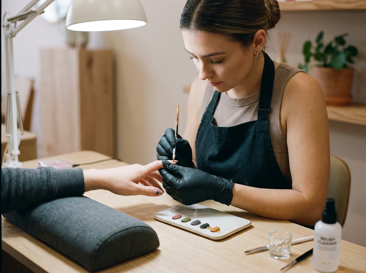 A woman getting a nail manicure, subject painting her nails with a small brush while wearing a black apron and black gloves. The manicurist is focused on her work, and the table holds a palette with multiple nail polish colors, a glass of water, and a nail cleaning spray.