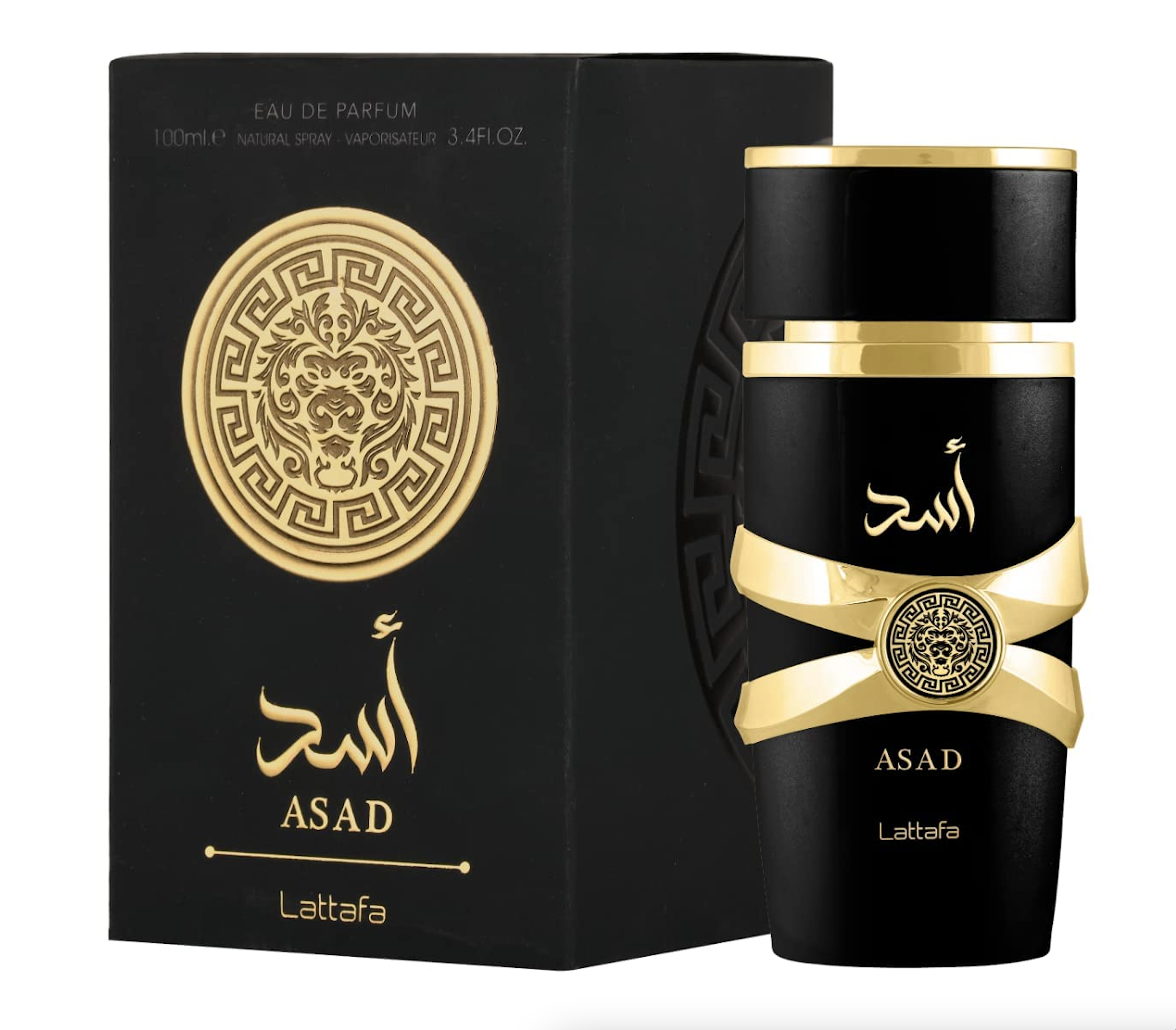 A black box and matching black container with gold accents and Arabic script, labeled 'ASAD Lattafa,' suggesting it is perfume packaging.
