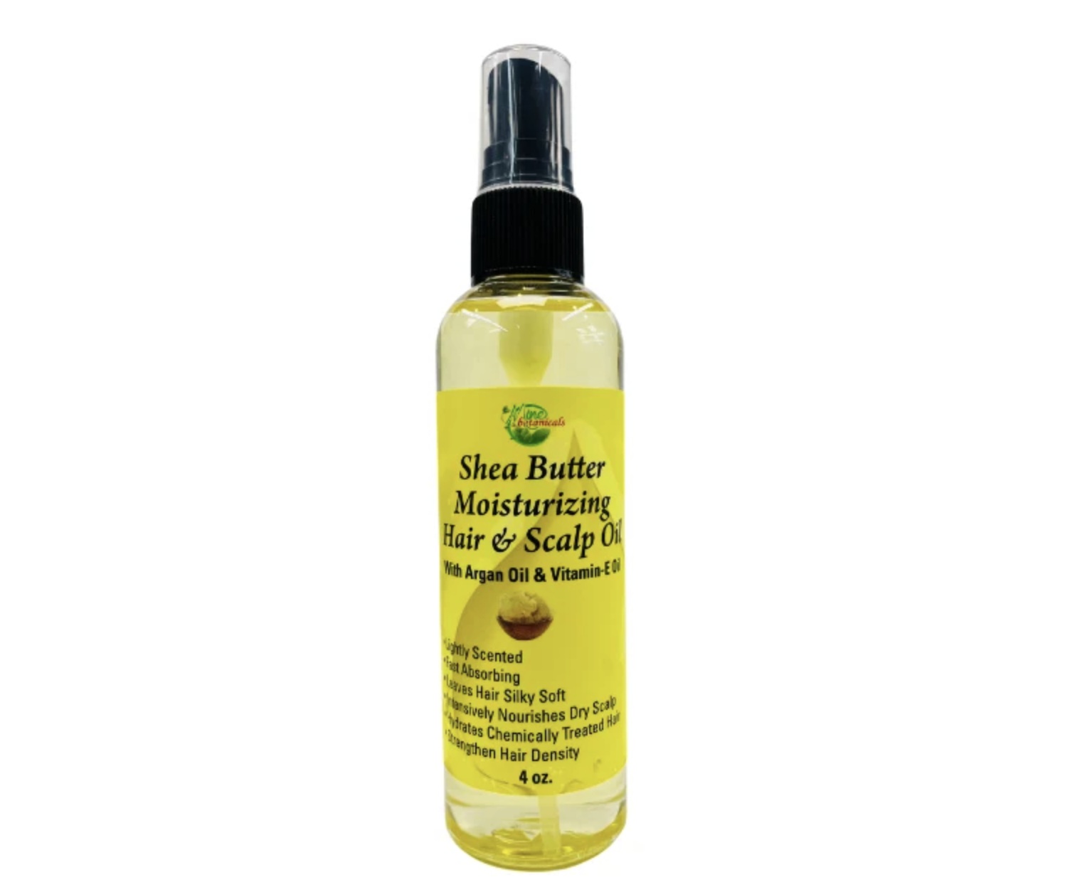 A spray bottle labeled Shea Butter Moisturizing Hair & Scalp Oil with Argan Oil and Vitamin E. The bottle is clear with a yellow label and black spray nozzle, containing a yellow liquid.