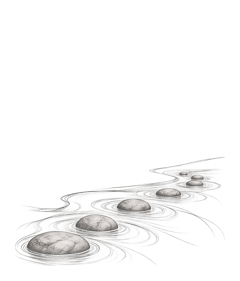Pencil sketch styled image of a series of rocks in water.