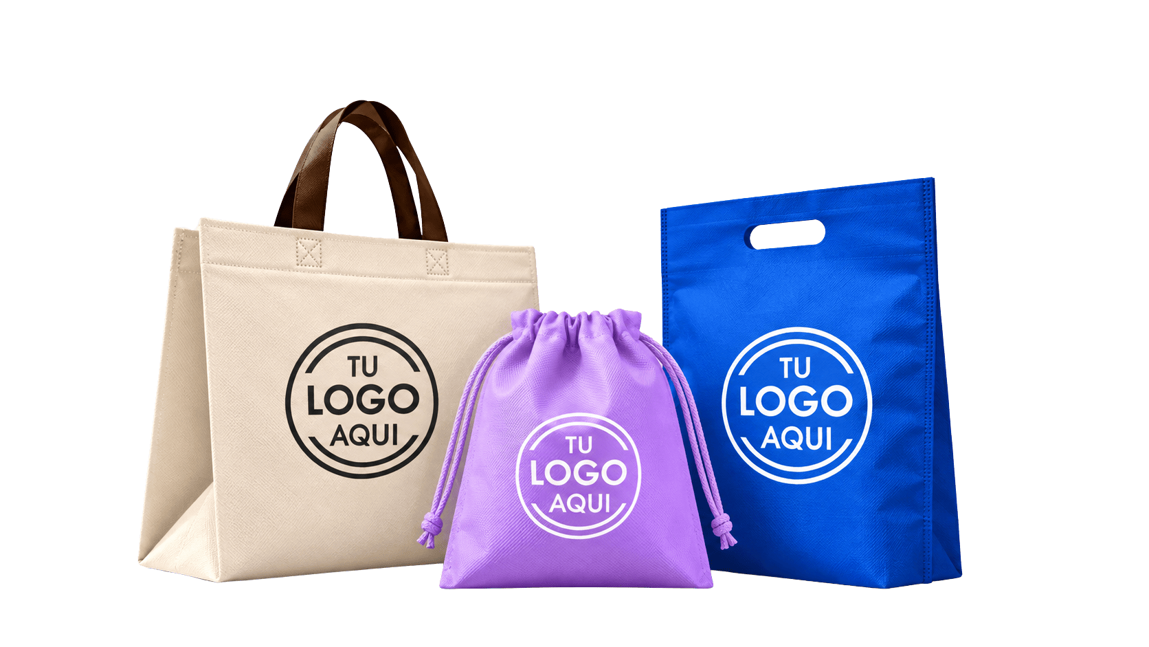 Set of three reusable en cambrel shopping bags in different sizes and colors: beige, purple, and blue, each with a circular placeholder for a logo and handles or drawstrings.