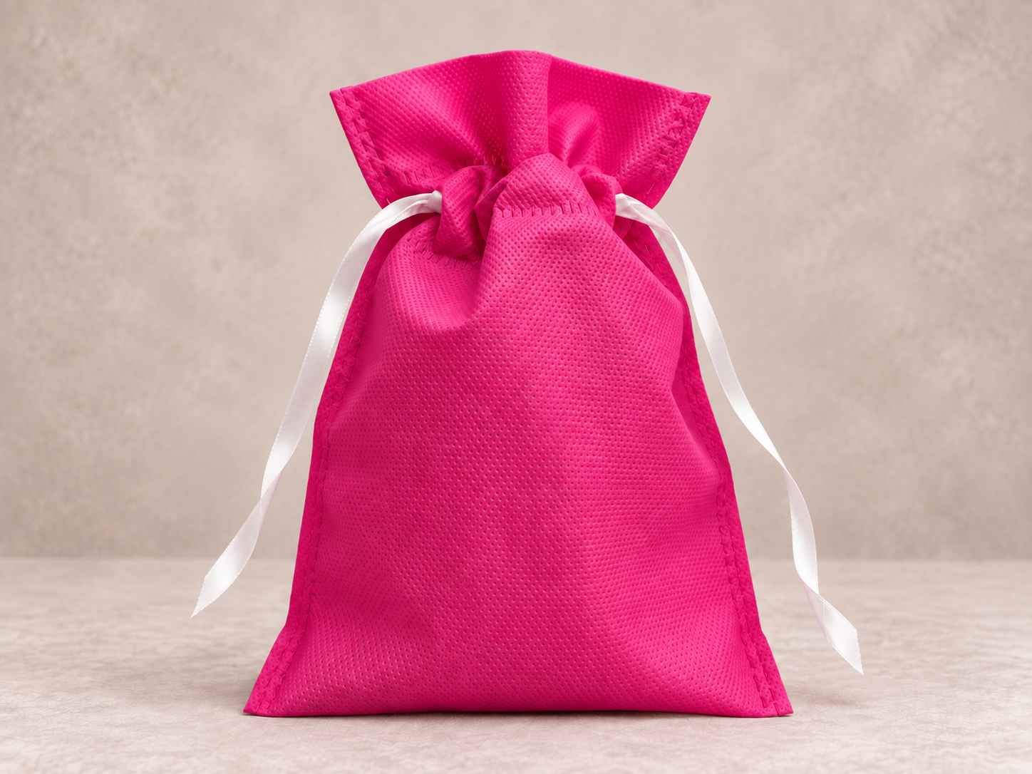 	
Bolsa de cambrel reutilizable caramelo color fucisa con cinta blanca sobre un fondo neutro.
