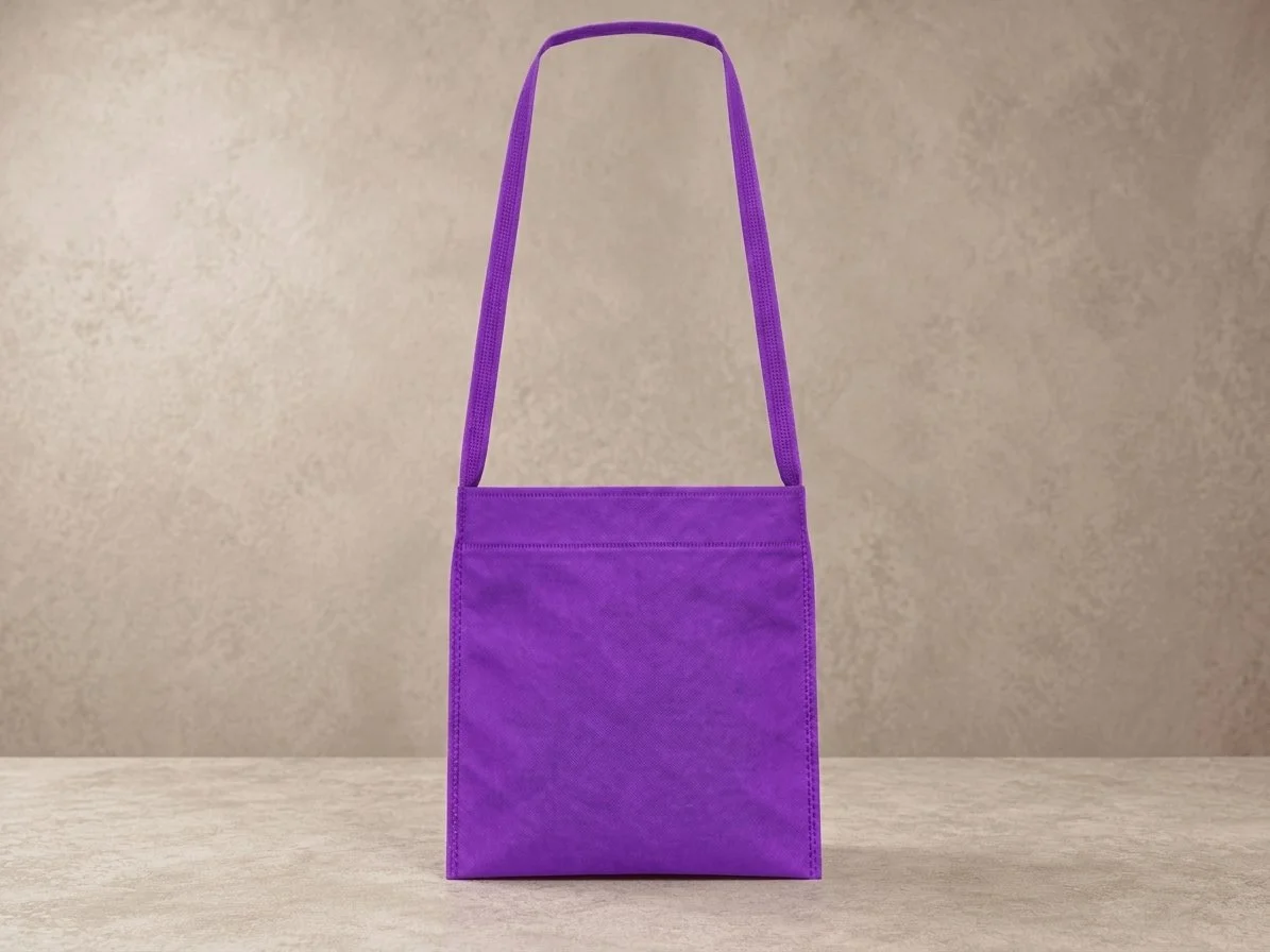A purple tote bag with a long strap, standing on a beige surface against a beige background.