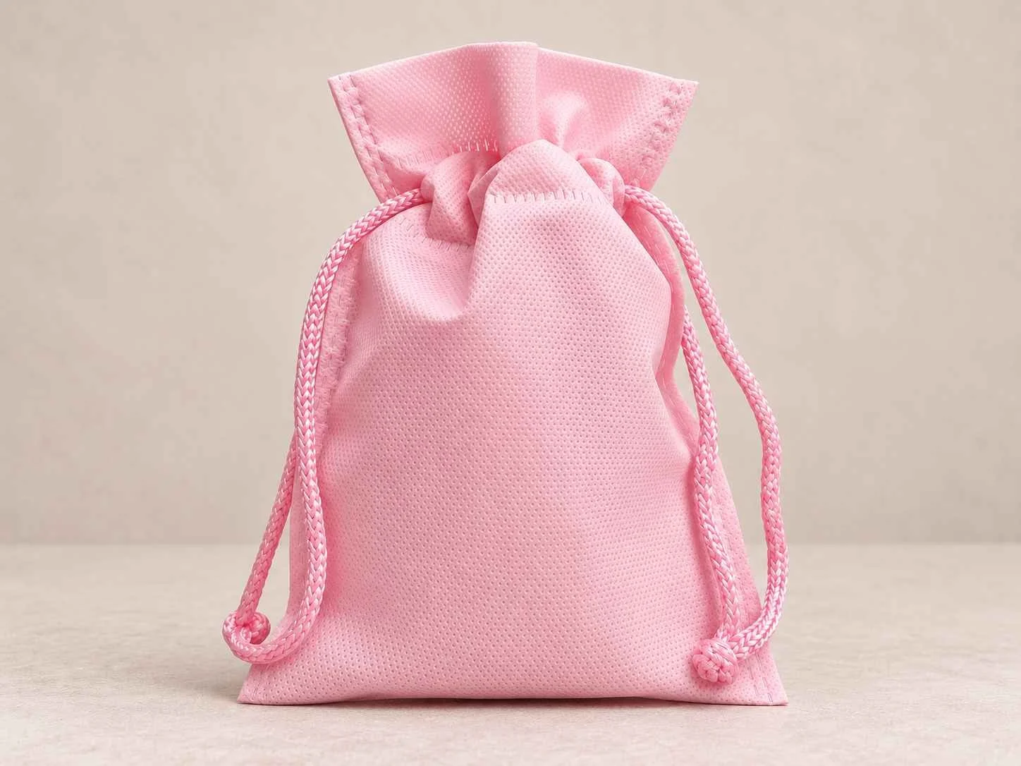 Bolsa de cambrel reutilizable caramelo con cordón color rosada sobre un fondo neutro.