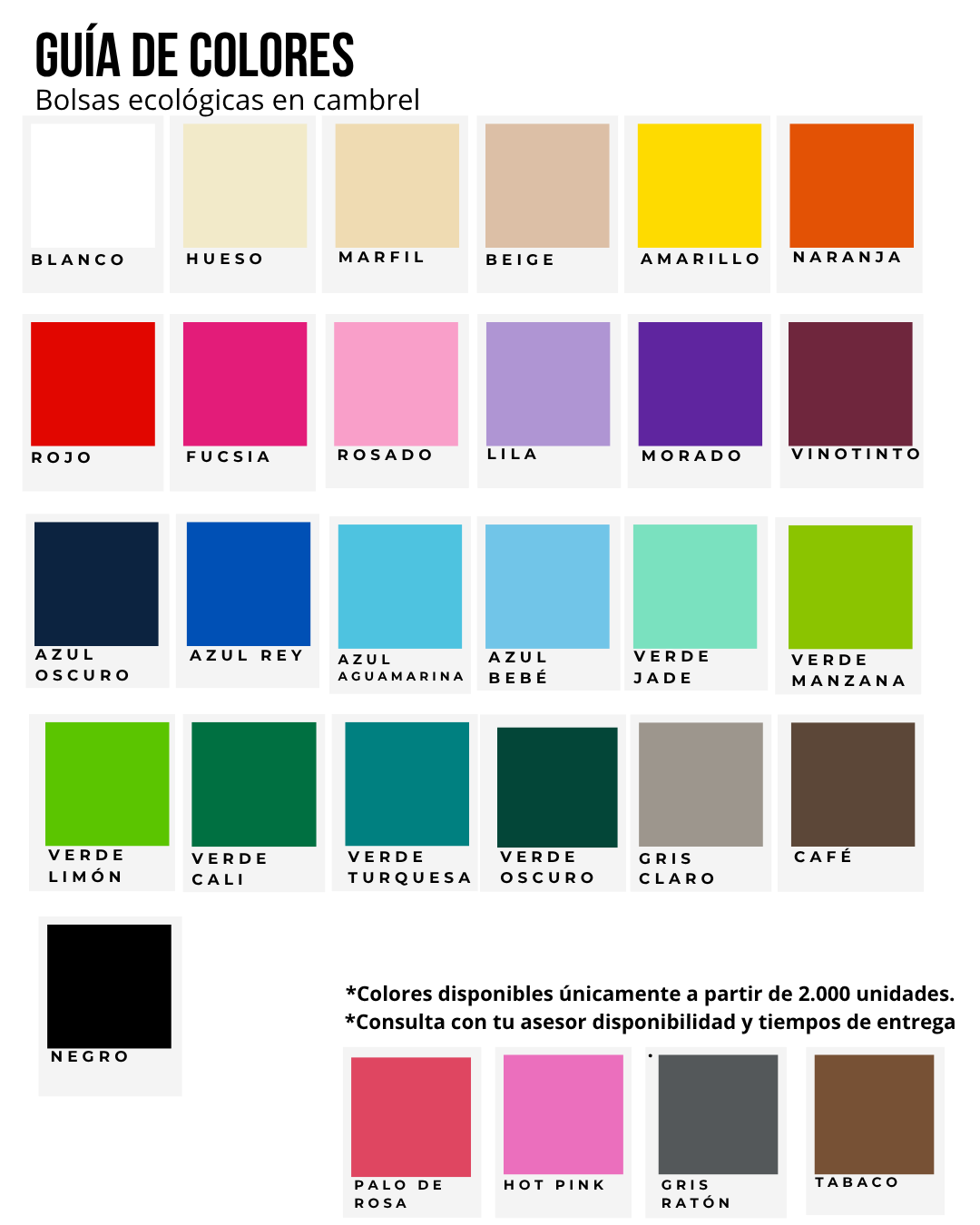 A color chart showing various shades of colors with labels in Spanish, including white, ivory, beige, yellow, orange, red, pink, lavender, purple, violet, navy, blue, sky blue, green, lime green, dark green, teal, gray, brown, black, and additional shades of pink, gray, and brown.