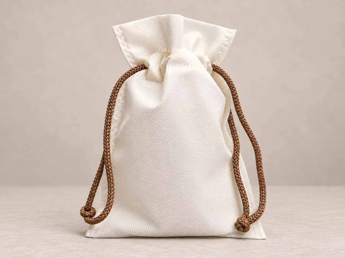 Bolsa de cambrel reutilizable caramelo blanca con cordón café sobre un fondo neutro.