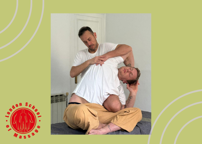 Andrea demonstrating an assisted stretch at the London School of Massage