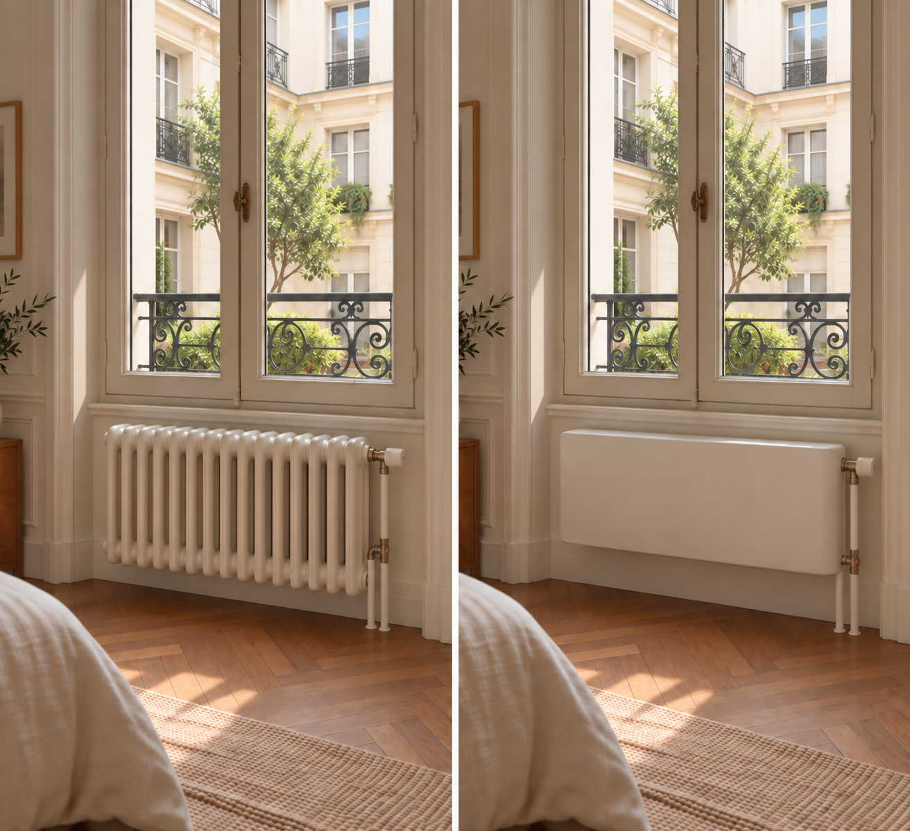 Avant : radiateur en fonte. Après : unité murmure, même pièce.