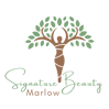 Logo for Signature Beauty Marlow featuring a stylized brown tree with green leaves and a small lime green swoosh beneath the company name.