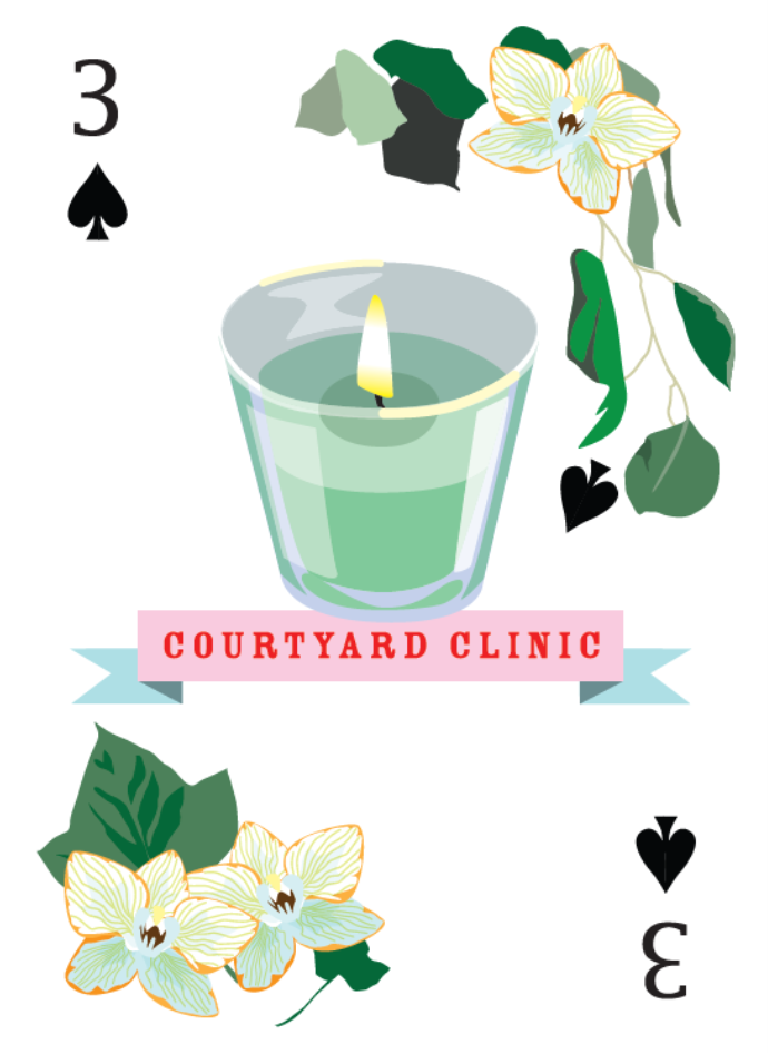Playing cards, the 3 of Spades and 3 of Clubs, with candles and flowers, and a banner reading 'Courtyard Clinic'.