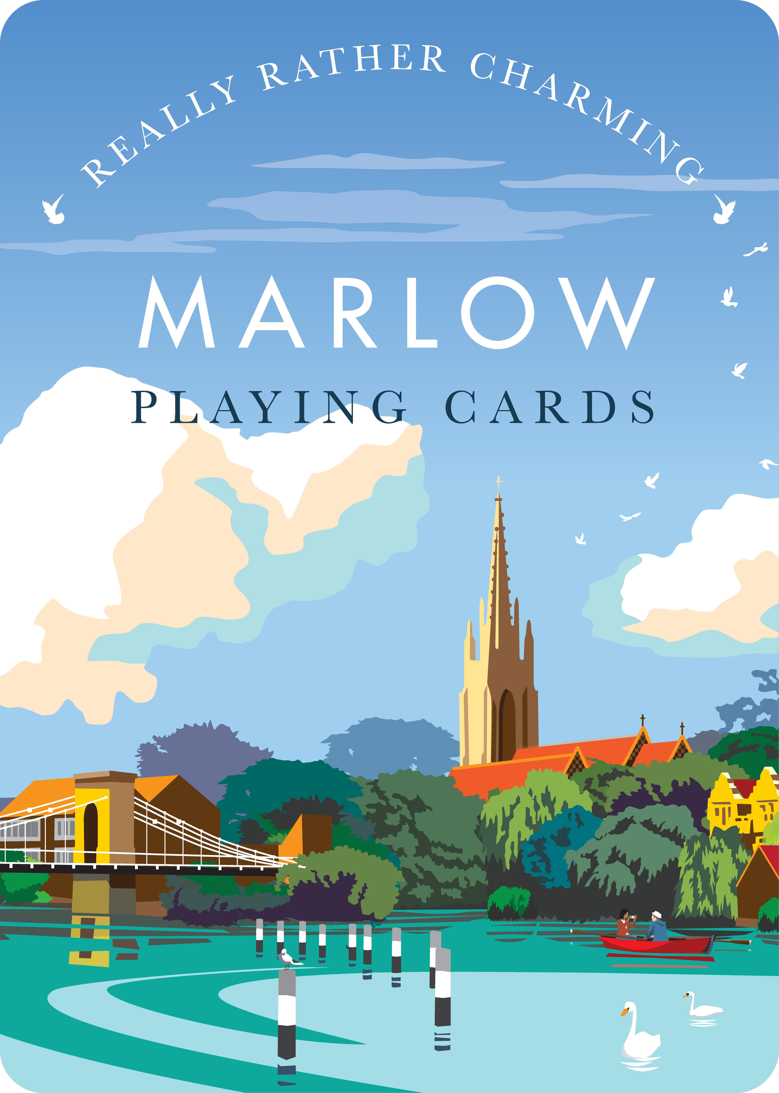 Illustration of a riverside scene with buildings, trees, and a church with a tall spire; a red boat with two people rowing; swans in the water; a bridge crossing the river; and a sky with clouds and flying birds. The text says 'Really Rather Charming Marlow Playing Cards'.