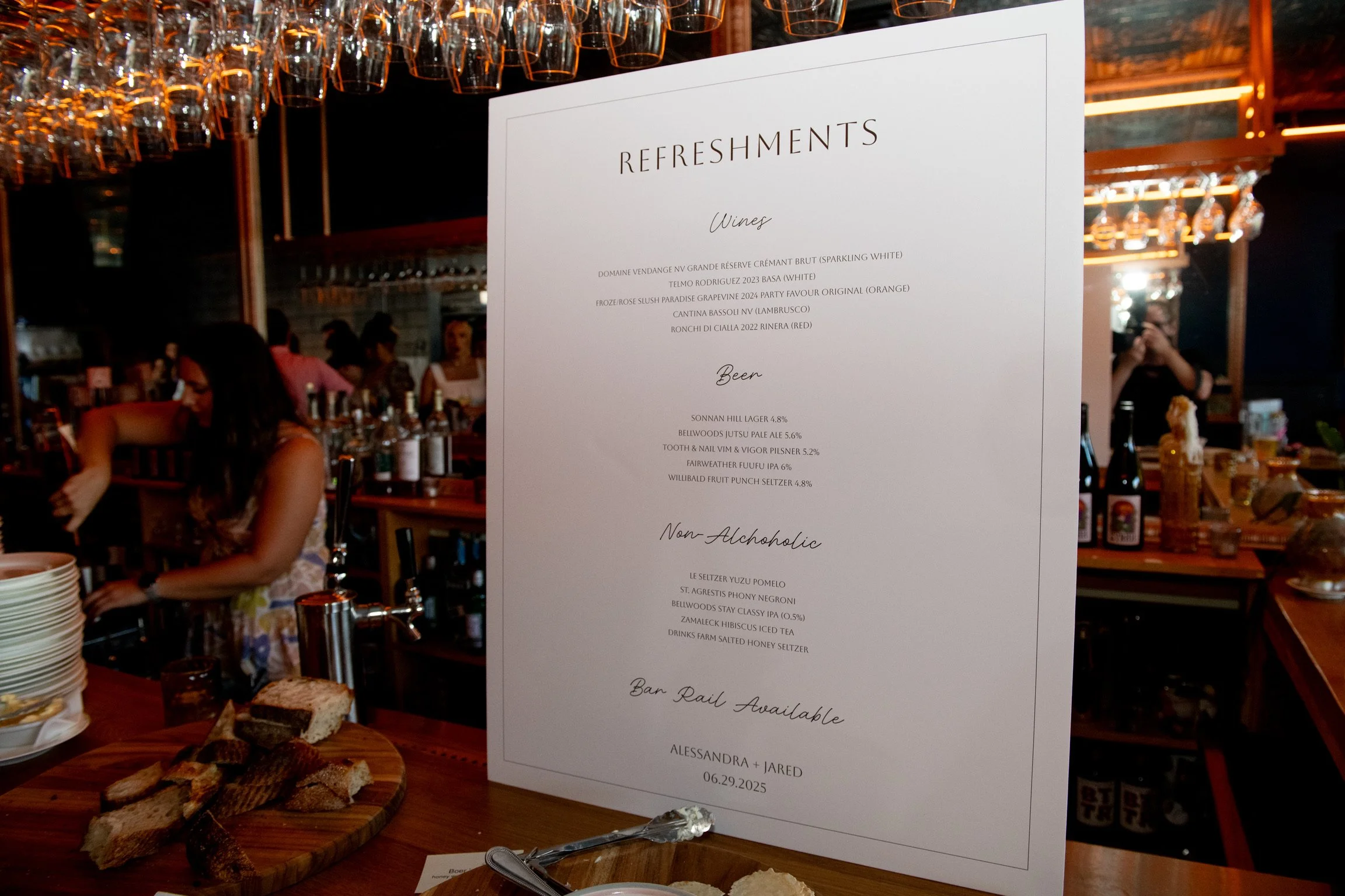 Bar menu at a Toronto wedding