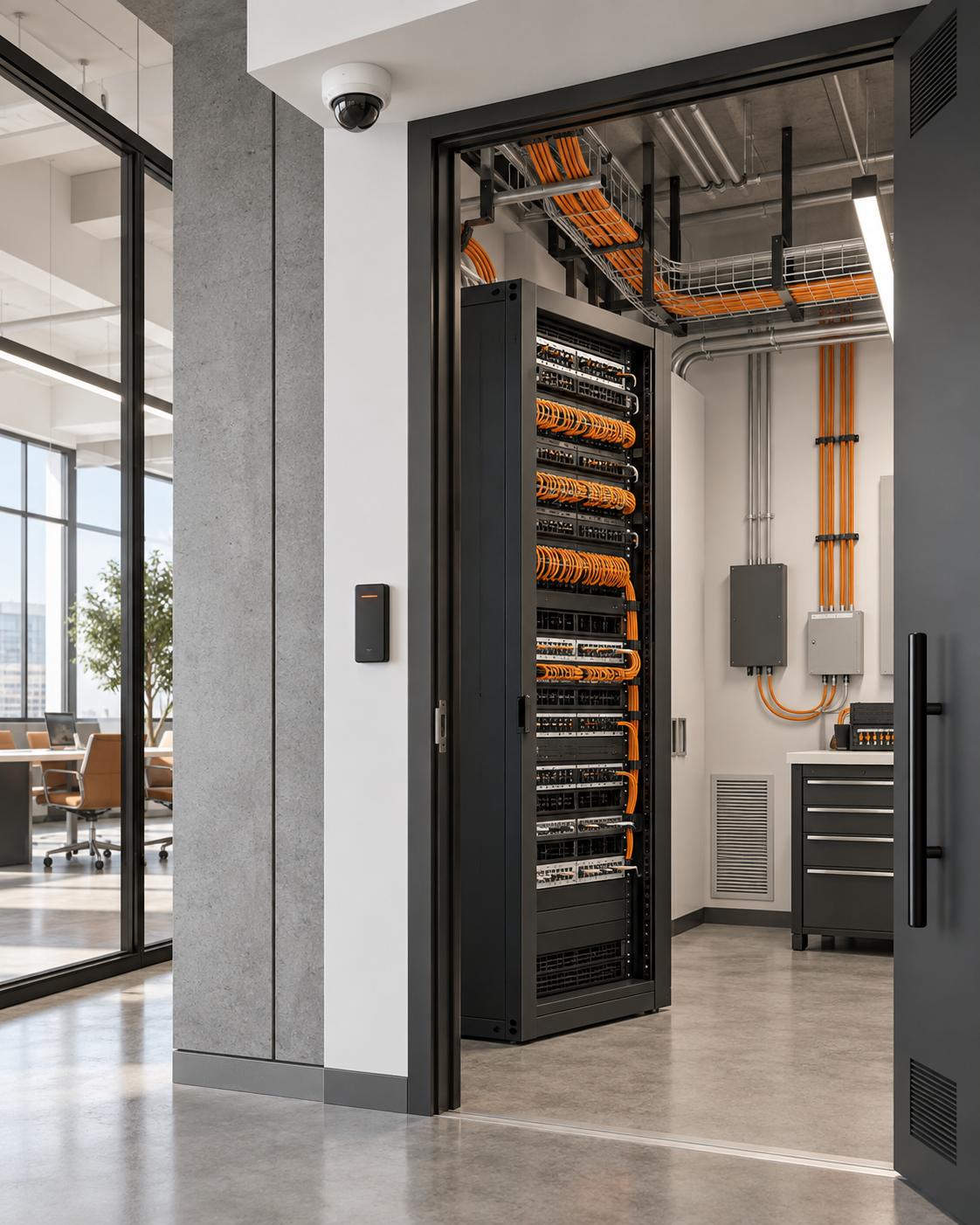 Conceptual commercial technology room with structured cabling, a network rack, access-control reader and video surveillance camera.