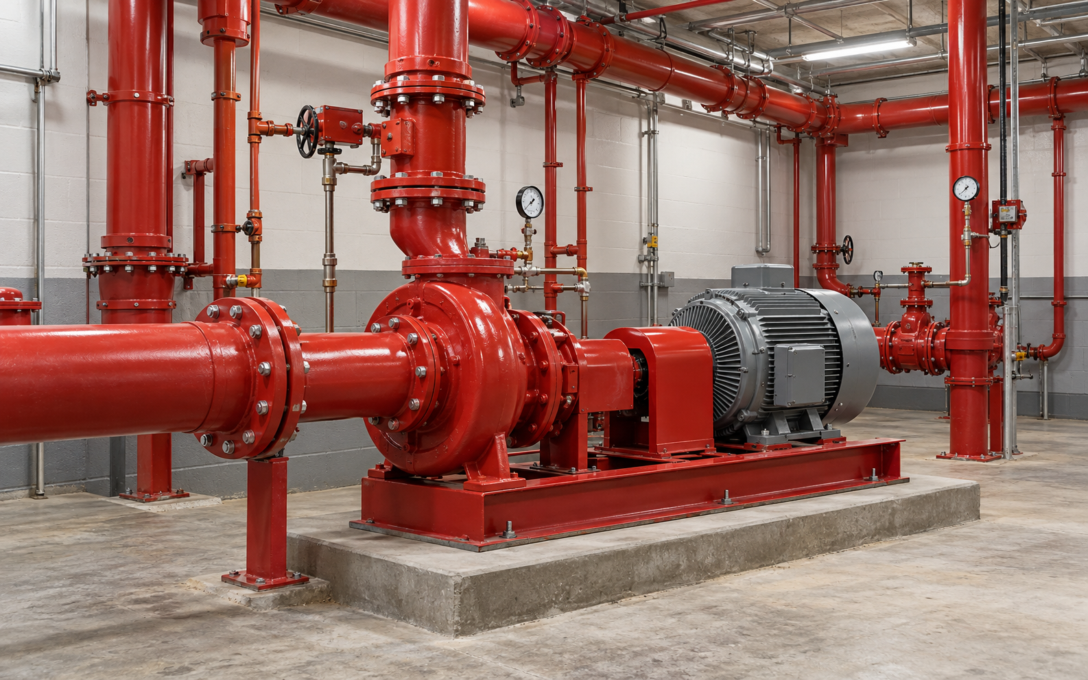 AI-generated illustration of a fire pump in a residential building basement; not a DPG Technology project photograph.